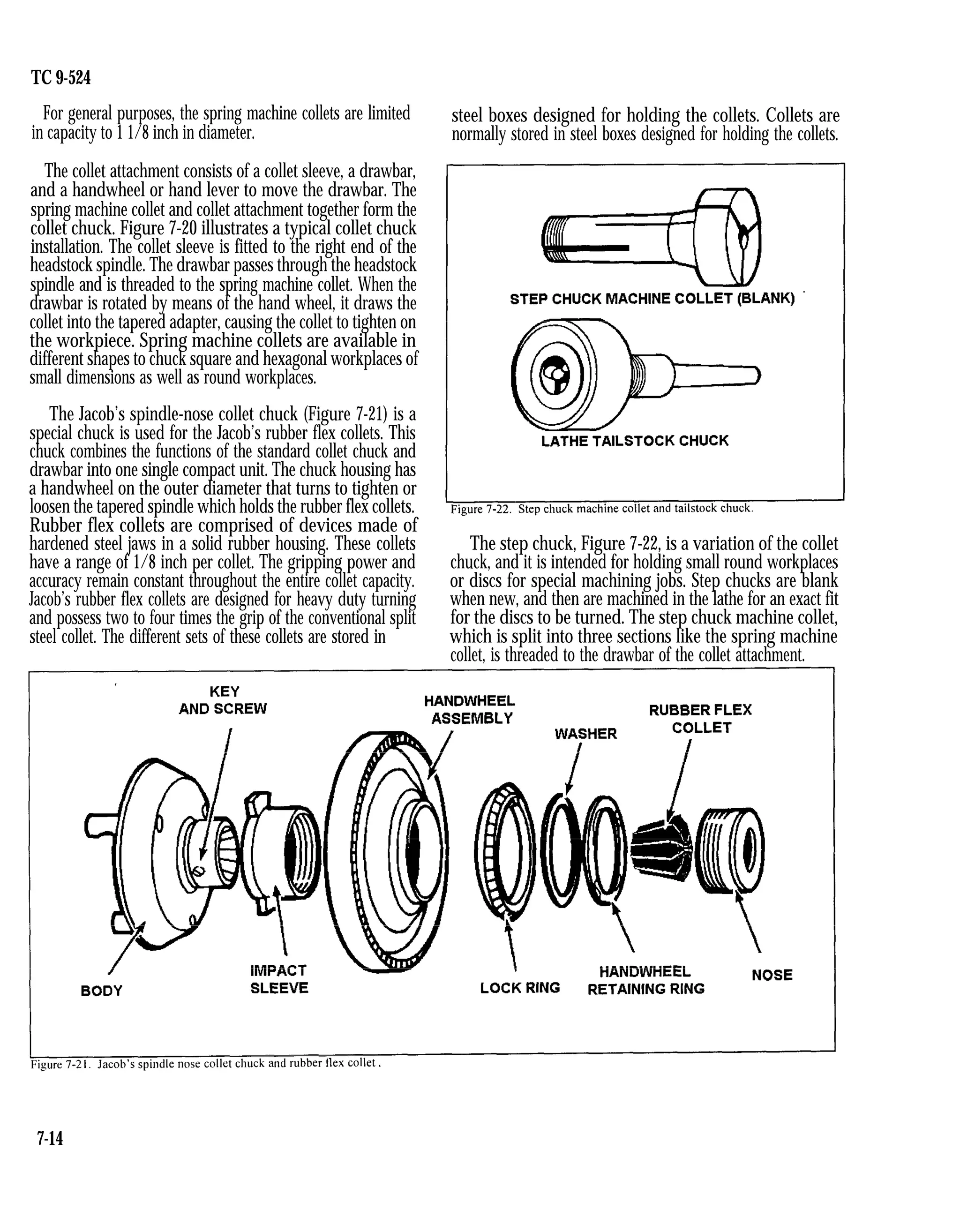 TC 9-524
For general purposes, the spring machine collets are limited
in capacity to 1 1/8 inch in diameter.
The collet attachment consists of a collet sleeve, a drawbar,
and a handwheel or hand lever to move the drawbar. The
spring machine collet and collet attachment together form the
collet chuck. Figure 7-20 illustrates a typical collet chuck
installation. The collet sleeve is fitted to the right end of the
headstock spindle. The drawbar passes through the headstock
spindle and is threaded to the spring machine collet. When the
drawbar is rotated by means of the hand wheel, it draws the
collet into the tapered adapter, causing the collet to tighten on
the workpiece. Spring machine collets are available in
different shapes to chuck square and hexagonal workplaces of
small dimensions as well as round workplaces.
The Jacob’s spindle-nose collet chuck (Figure 7-21) is a
special chuck is used for the Jacob’s rubber flex collets. This
chuck combines the functions of the standard collet chuck and
drawbar into one single compact unit. The chuck housing has
a handwheel on the outer diameter that turns to tighten or
loosen the tapered spindle which holds the rubber flex collets.
Rubber flex collets are comprised of devices made of
hardened steel jaws in a solid rubber housing. These collets
have a range of 1/8 inch per collet. The gripping power and
accuracy remain constant throughout the entire collet capacity.
Jacob’s rubber flex collets are designed for heavy duty turning
and possess two to four times the grip of the conventional split
steel collet. The different sets of these collets are stored in
steel boxes designed for holding the collets. Collets are
normally stored in steel boxes designed for holding the collets.
The step chuck, Figure 7-22, is a variation of the collet
chuck, and it is intended for holding small round workplaces
or discs for special machining jobs. Step chucks are blank
when new, and then are machined in the lathe for an exact fit
for the discs to be turned. The step chuck machine collet,
which is split into three sections like the spring machine
collet, is threaded to the drawbar of the collet attachment.
7-14
 