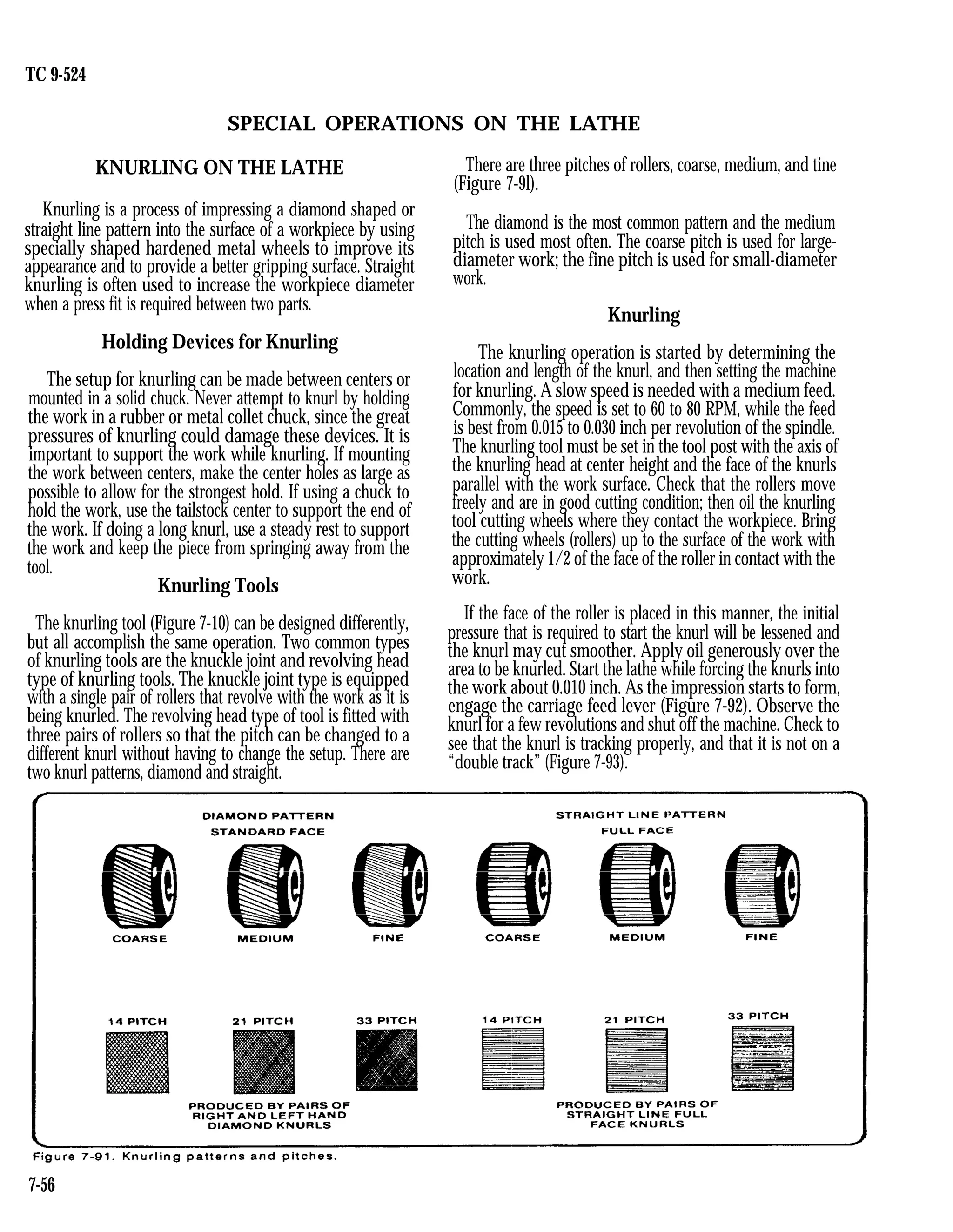 TC 9-524
SPECIAL OPERATIONS ON THE LATHE
KNURLING ON THE LATHE There are three pitches of rollers, coarse, medium, and tine
(Figure 7-9l).
Knurling is a process of impressing a diamond shaped or
straight line pattern into the surface of a workpiece by using The diamond is the most common pattern and the medium
specially shaped hardened metal wheels to improve its pitch is used most often. The coarse pitch is used for large-
appearance and to provide a better gripping surface. Straight diameter work; the fine pitch is used for small-diameter
knurling is often used to increase the workpiece diameter work.
when a press fit is required between two parts.
Knurling
Holding Devices for Knurling
The setup for knurling can be made between centers or
mounted in a solid chuck. Never attempt to knurl by holding
the work in a rubber or metal collet chuck, since the great
pressures of knurling could damage these devices. It is
important to support the work while knurling. If mounting
the work between centers, make the center holes as large as
possible to allow for the strongest hold. If using a chuck to
hold the work, use the tailstock center to support the end of
the work. If doing a long knurl, use a steady rest to support
the work and keep the piece from springing away from the
tool.
Knurling Tools
The knurling tool (Figure 7-10) can be designed differently,
but all accomplish the same operation. Two common types
of knurling tools are the knuckle joint and revolving head
type of knurling tools. The knuckle joint type is equipped
with a single pair of rollers that revolve with the work as it is
being knurled. The revolving head type of tool is fitted with
three pairs of rollers so that the pitch can be changed to a
different knurl without having to change the setup. There are
two knurl patterns, diamond and straight.
The knurling operation is started by determining the
location and length of the knurl, and then setting the machine
for knurling. A slow speed is needed with a medium feed.
Commonly, the speed is set to 60 to 80 RPM, while the feed
is best from 0.015 to 0.030 inch per revolution of the spindle.
The knurling tool must be set in the tool post with the axis of
the knurling head at center height and the face of the knurls
parallel with the work surface. Check that the rollers move
freely and are in good cutting condition; then oil the knurling
tool cutting wheels where they contact the workpiece. Bring
the cutting wheels (rollers) up to the surface of the work with
approximately 1/2 of the face of the roller in contact with the
work.
If the face of the roller is placed in this manner, the initial
pressure that is required to start the knurl will be lessened and
the knurl may cut smoother. Apply oil generously over the
area to be knurled. Start the lathe while forcing the knurls into
the work about 0.010 inch. As the impression starts to form,
engage the carriage feed lever (Figure 7-92). Observe the
knurl for a few revolutions and shut off the machine. Check to
see that the knurl is tracking properly, and that it is not on a
“double track” (Figure 7-93).
7-56
 