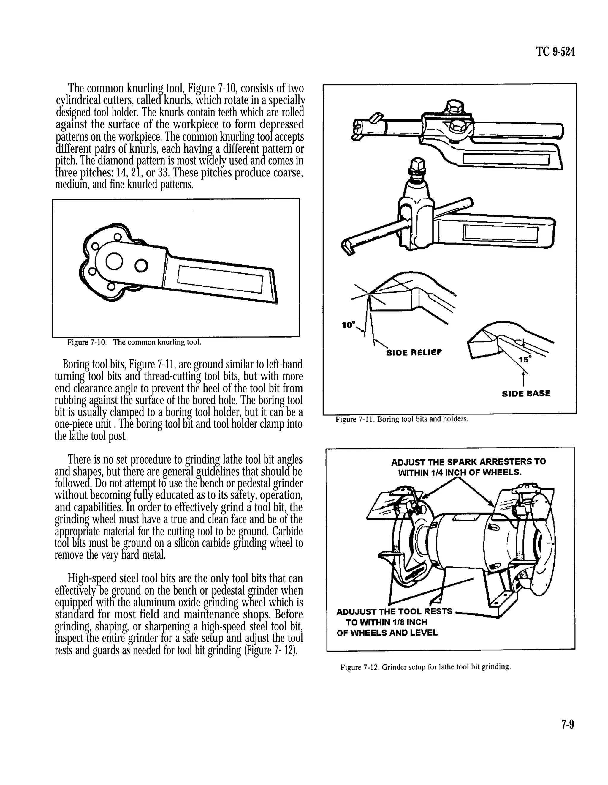 TC 9-524
The common knurling tool, Figure 7-10, consists of two
cylindrical cutters, called knurls, which rotate in a specially
designed tool holder. The knurls contain teeth which are rolled
against the surface of the workpiece to form depressed
patterns on the workpiece. The common knurling tool accepts
different pairs of knurls, each having a different pattern or
pitch. The diamond pattern is most widely used and comes in
three pitches: 14, 21, or 33. These pitches produce coarse,
medium, and fine knurled patterns.
Boring tool bits, Figure 7-11, are ground similar to left-hand
turning tool bits and thread-cutting tool bits, but with more
end clearance angle to prevent the heel of the tool bit from
rubbing against the surface of the bored hole. The boring tool
bit is usually clamped to a boring tool holder, but it can be a
one-piece unit . The boring tool bit and tool holder clamp into
the lathe tool post.
There is no set procedure to grinding lathe tool bit angles
and shapes, but there are general guidelines that should be
followed. Do not attempt to use the bench or pedestal grinder
without becoming fully educated as to its safety, operation,
and capabilities. In order to effectively grind a tool bit, the
grinding wheel must have a true and clean face and be of the
appropriate material for the cutting tool to be ground. Carbide
tool bits must be ground on a silicon carbide grinding wheel to
remove the very hard metal.
High-speed steel tool bits are the only tool bits that can
effectively be ground on the bench or pedestal grinder when
equipped with the aluminum oxide grinding wheel which is
standard for most field and maintenance shops. Before
grinding, shaping, or sharpening a high-speed steel tool bit,
inspect the entire grinder for a safe setup and adjust the tool
rests and guards as needed for tool bit grinding (Figure 7- 12).
7-9
 