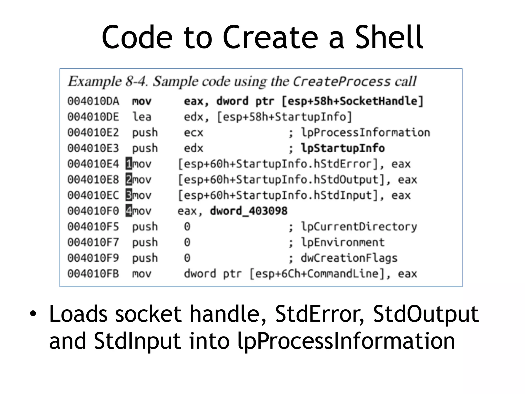 Code to Create a Shell
• Loads socket handle, StdError, StdOutput
and StdInput into lpProcessInformation
 