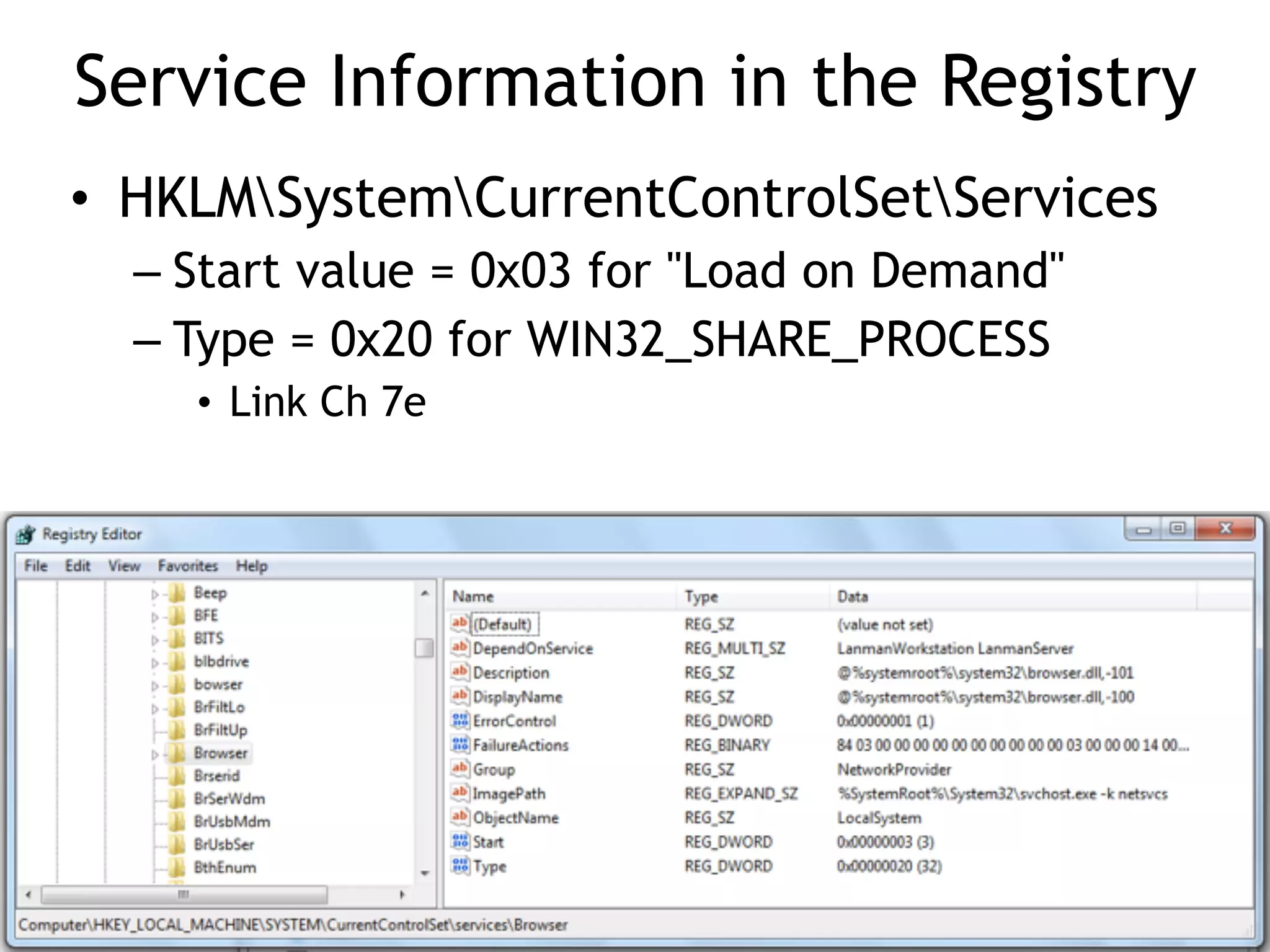 Service Information in the Registry
• HKLMSystemCurrentControlSetServices
– Start value = 0x03 for "Load on Demand"
– Type = 0x20 for WIN32_SHARE_PROCESS
• Link Ch 7e
 