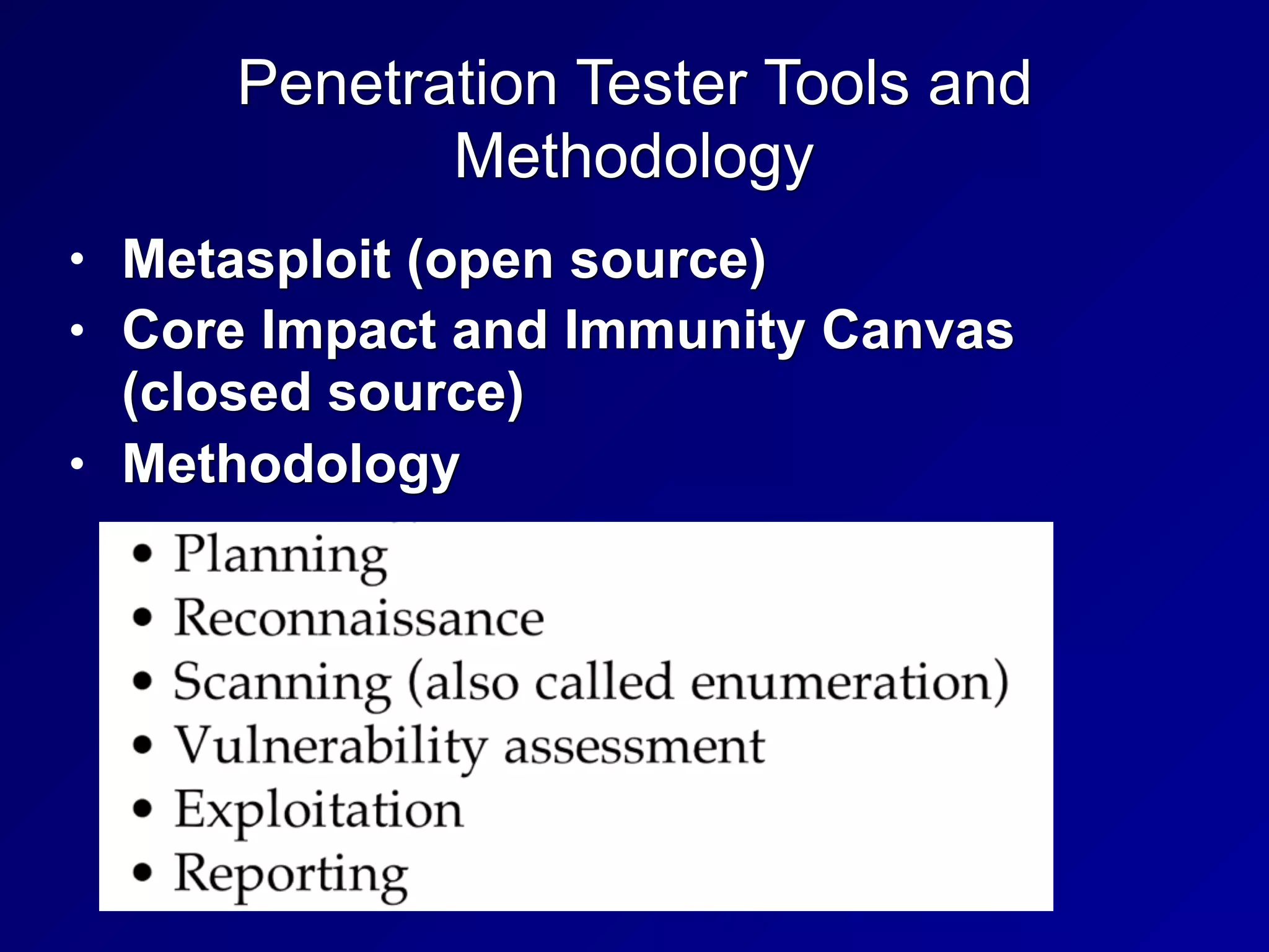 Penetration Tester Tools and
Methodology
• Metasploit (open source)
• Core Impact and Immunity Canvas
(closed source)
• Methodology
 