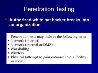 Penetration Testing
• Authorized white hat hacker breaks into
an organization
 