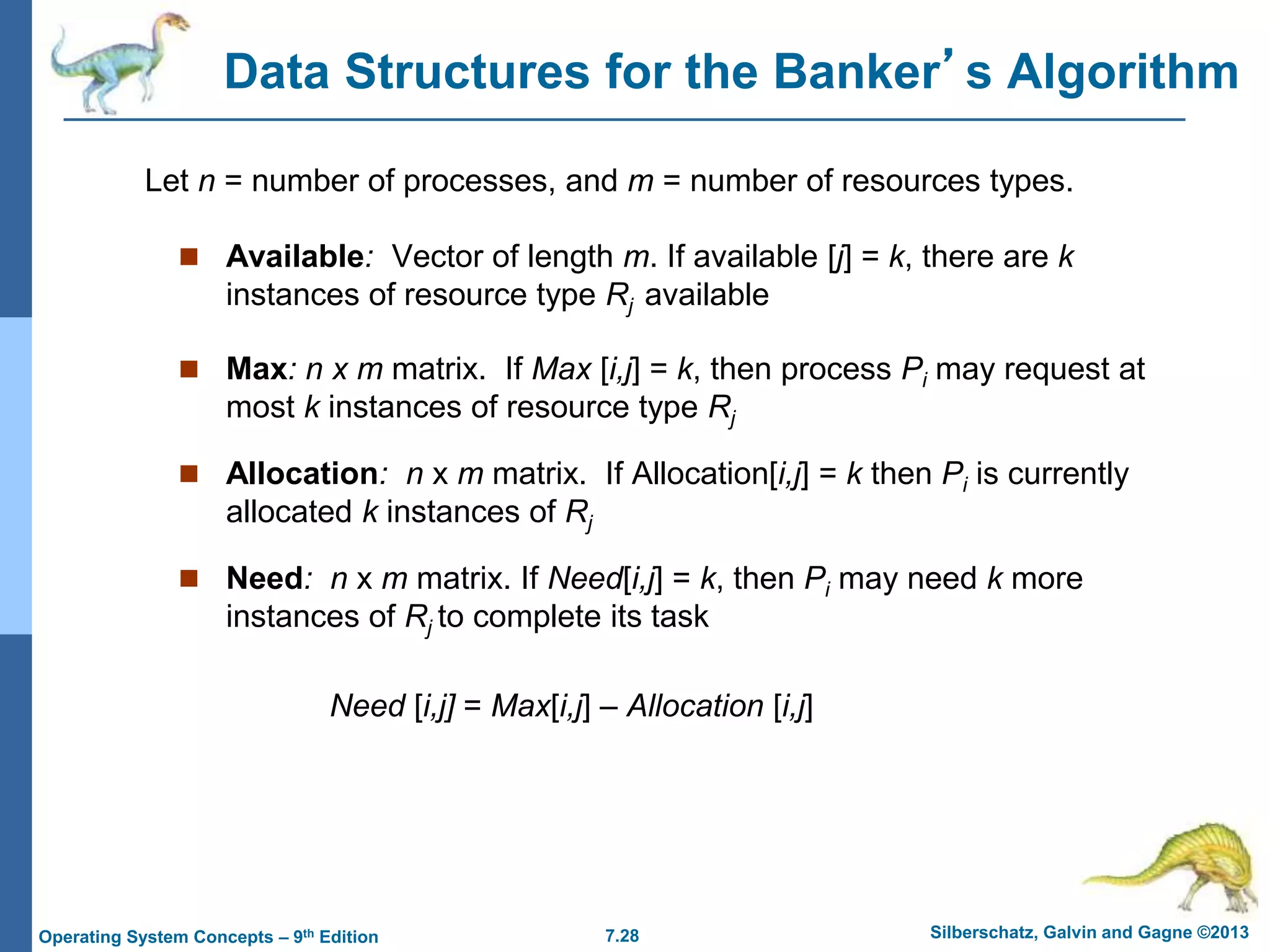 7.28 Silberschatz, Galvin and Gagne ©2013
Operating System Concepts – 9th Edition
Data Structures for the Banker’s Algorithm
 Available: Vector of length m. If available [j] = k, there are k
instances of resource type Rj available
 Max: n x m matrix. If Max [i,j] = k, then process Pi may request at
most k instances of resource type Rj
 Allocation: n x m matrix. If Allocation[i,j] = k then Pi is currently
allocated k instances of Rj
 Need: n x m matrix. If Need[i,j] = k, then Pi may need k more
instances of Rj to complete its task
Need [i,j] = Max[i,j] – Allocation [i,j]
Let n = number of processes, and m = number of resources types.
 
