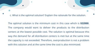 c. What is the optimal solution? Explain the rationale for the solution.
The optimal solution is the minimum cost in this case which is $32000.
The company would want to deliver the products to the distribution
centers at the lowest possible cost. The solution is optimal because this
way the demand for all distribution centers is met but at the same time
the capacity is not exceeded. Therefore, overproduction is not a problem
with this solution and at the same time the cost is also minimized.
 