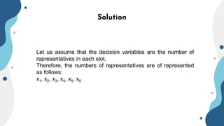 Solution
Let us assume that the decision variables are the number of
representatives in each slot.
Therefore, the numbers of representatives are of represented
as follows:
x1, x2, x3, x4, x5, x6
 