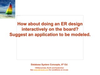 Database System Concepts, 6th Ed.
©Silberschatz, Korth and Sudarshan
See www.db-book.com for conditions on re-use
How about doing an ER design
interactively on the board?
Suggest an application to be modeled.
 