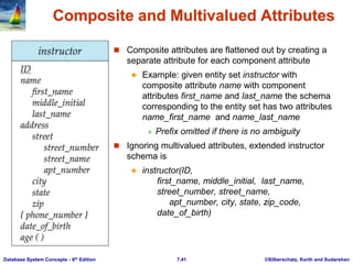 ©Silberschatz, Korth and Sudarshan
7.41
Database System Concepts - 6th Edition
Composite and Multivalued Attributes
 Composite attributes are flattened out by creating a
separate attribute for each component attribute
 Example: given entity set instructor with
composite attribute name with component
attributes first_name and last_name the schema
corresponding to the entity set has two attributes
name_first_name and name_last_name
 Prefix omitted if there is no ambiguity
 Ignoring multivalued attributes, extended instructor
schema is
 instructor(ID,
first_name, middle_initial, last_name,
street_number, street_name,
apt_number, city, state, zip_code,
date_of_birth)
 