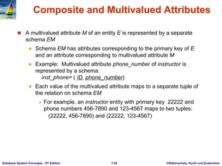 ©Silberschatz, Korth and Sudarshan
7.42
Database System Concepts - 6th Edition
Composite and Multivalued Attributes
 A multivalued attribute M of an entity E is represented by a separate
schema EM
 Schema EM has attributes corresponding to the primary key of E
and an attribute corresponding to multivalued attribute M
 Example: Multivalued attribute phone_number of instructor is
represented by a schema:
inst_phone= ( ID, phone_number)
 Each value of the multivalued attribute maps to a separate tuple of
the relation on schema EM
 For example, an instructor entity with primary key 22222 and
phone numbers 456-7890 and 123-4567 maps to two tuples:
(22222, 456-7890) and (22222, 123-4567)
 