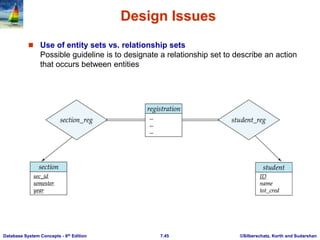 ©Silberschatz, Korth and Sudarshan
7.45
Database System Concepts - 6th Edition
Design Issues
 Use of entity sets vs. relationship sets
Possible guideline is to designate a relationship set to describe an action
that occurs between entities
 