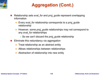 ©Silberschatz, Korth and Sudarshan
7.58
Database System Concepts - 6th Edition
Aggregation (Cont.)
 Relationship sets eval_for and proj_guide represent overlapping
information
 Every eval_for relationship corresponds to a proj_guide
relationship
 However, some proj_guide relationships may not correspond to
any eval_for relationships
 So we can’t discard the proj_guide relationship
 Eliminate this redundancy via aggregation
 Treat relationship as an abstract entity
 Allows relationships between relationships
 Abstraction of relationship into new entity
 