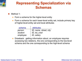 ©Silberschatz, Korth and Sudarshan
7.60
Database System Concepts - 6th Edition
Representing Specialization via
Schemas
 Method 1:
 Form a schema for the higher-level entity
 Form a schema for each lower-level entity set, include primary key
of higher-level entity set and local attributes
schema attributes
person ID, name, street, city
student ID, tot_cred
employee ID, salary
 Drawback: getting information about, an employee requires
accessing two relations, the one corresponding to the low-level
schema and the one corresponding to the high-level schema
 