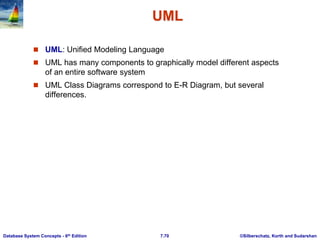 ©Silberschatz, Korth and Sudarshan
7.70
Database System Concepts - 6th Edition
UML
 UML: Unified Modeling Language
 UML has many components to graphically model different aspects
of an entire software system
 UML Class Diagrams correspond to E-R Diagram, but several
differences.
 