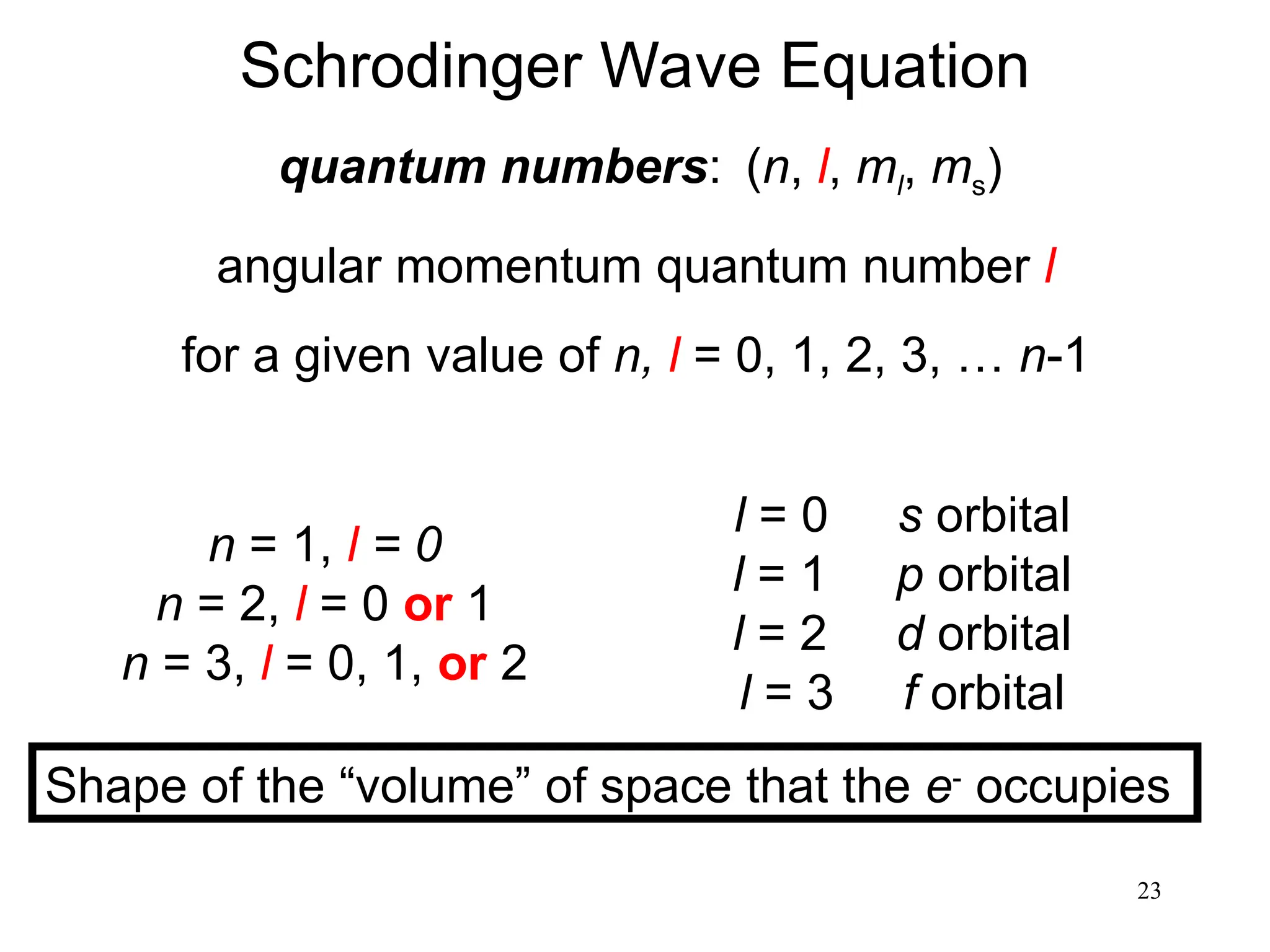 23
quantum numbers: (n, l, ml, ms)
angular momentum quantum number l
for a given value of n, l = 0, 1, 2, 3, … n-1
n = 1, l = 0
n = 2, l = 0 or 1
n = 3, l = 0, 1, or 2
Shape of the “volume” of space that the e-
occupies
l = 0 s orbital
l = 1 p orbital
l = 2 d orbital
l = 3 f orbital
Schrodinger Wave Equation
 