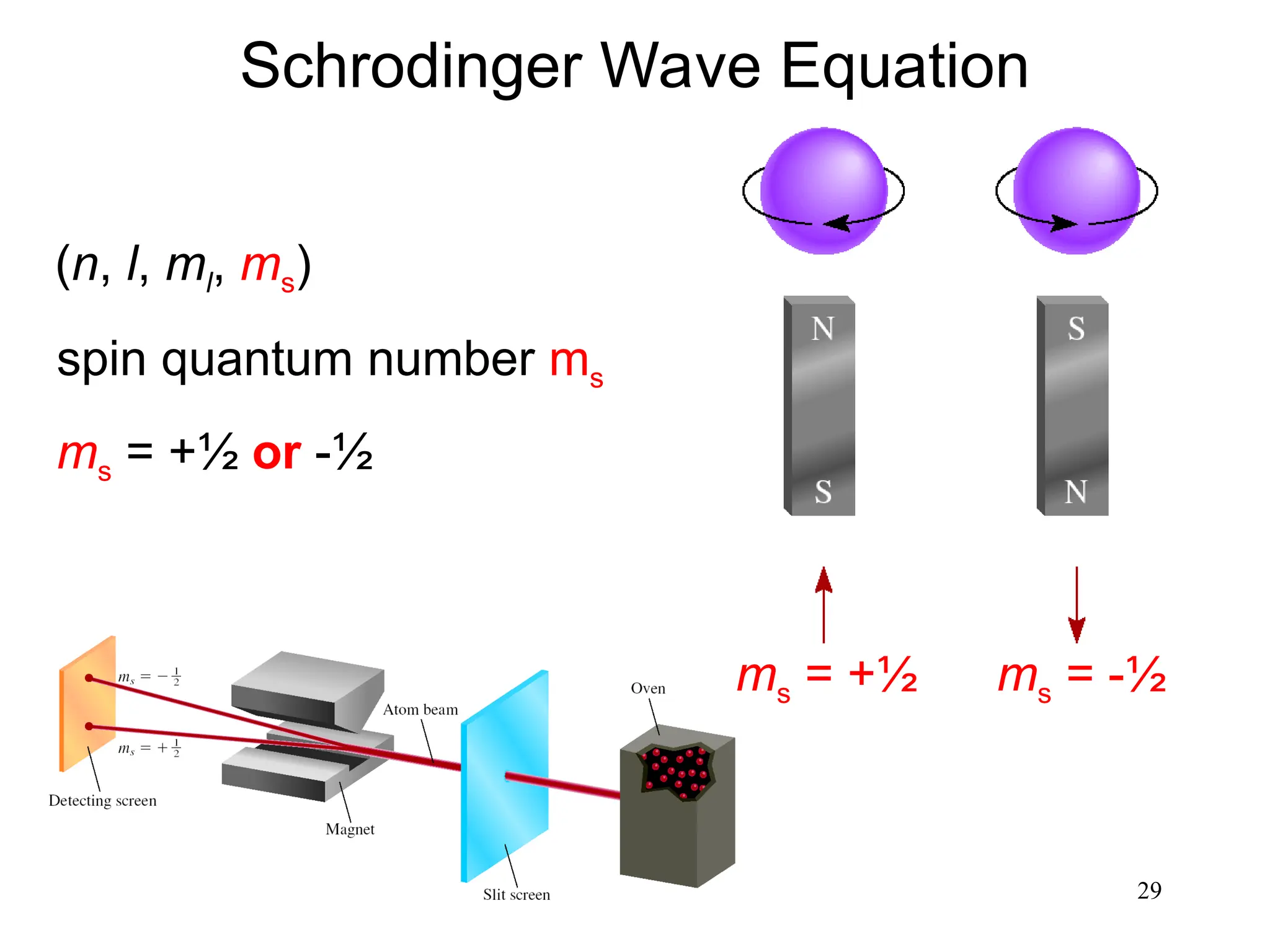 29
(n, l, ml, ms)
spin quantum number ms
ms = +½ or -½
Schrodinger Wave Equation
ms = -½
ms = +½
 