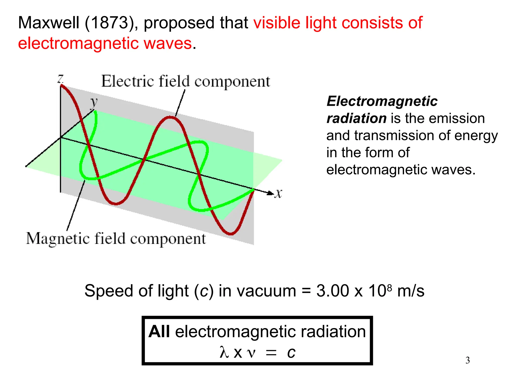 3
Maxwell (1873), proposed that visible light consists of
electromagnetic waves.
Electromagnetic
radiation is the emission
and transmission of energy
in the form of
electromagnetic waves.
Speed of light (c) in vacuum = 3.00 x 108
m/s
All electromagnetic radiation
 x c
 