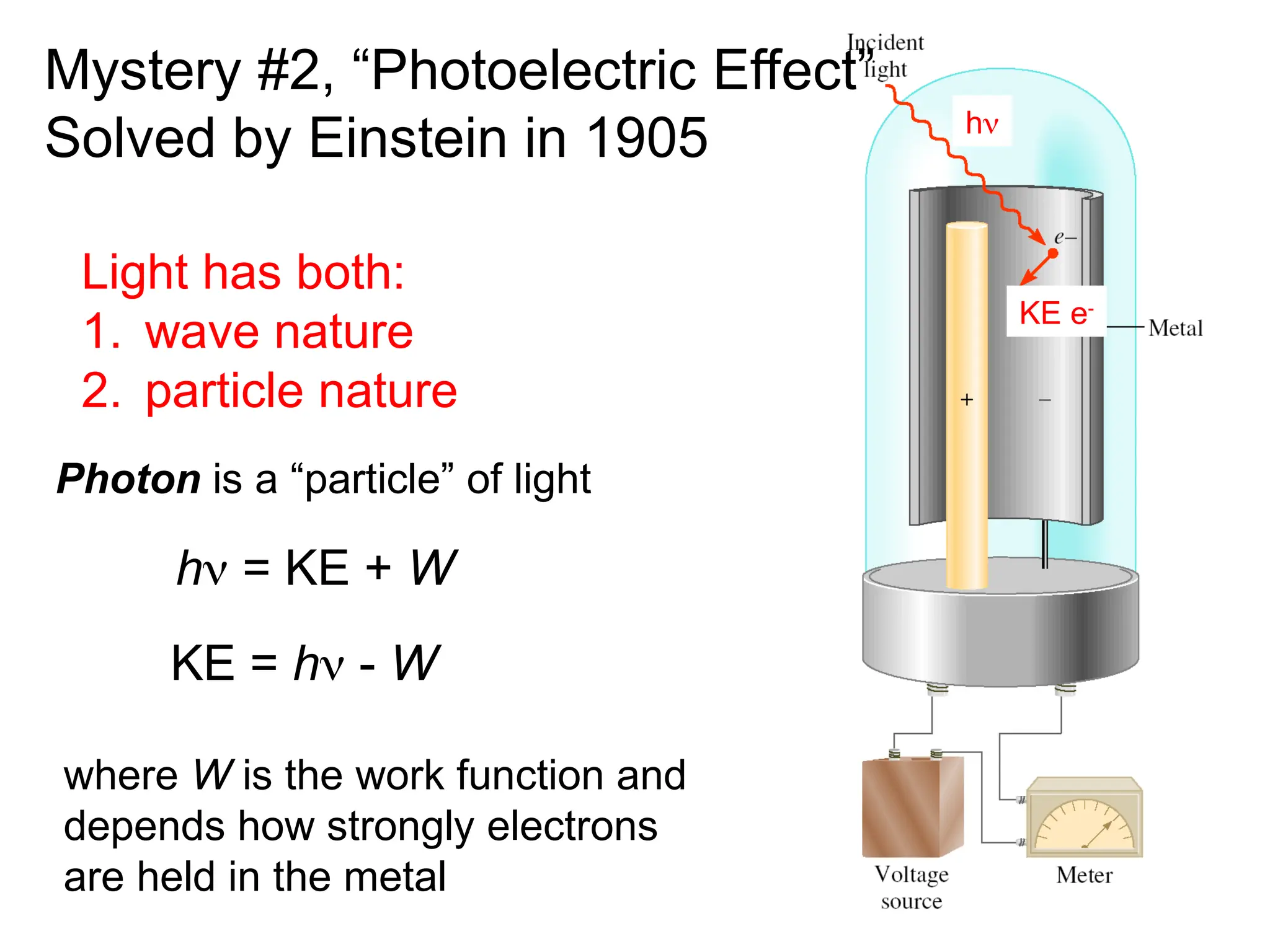 7
Light has both:
1. wave nature
2. particle nature
h = KE + W
Mystery #2, “Photoelectric Effect”
Solved by Einstein in 1905
Photon is a “particle” of light
KE = h - W
h
KE e-
where W is the work function and
depends how strongly electrons
are held in the metal
 