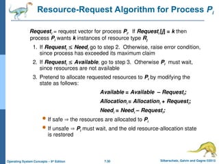 7.30 Silberschatz, Galvin and Gagne ©2013
Operating System Concepts – 9th
Edition
Resource-Request Algorithm for Process Pi
Requesti = request vector for process Pi. If Requesti [j] = k then
process Pi wants k instances of resource type Rj
1. If Requesti  Needi go to step 2. Otherwise, raise error condition,
since process has exceeded its maximum claim
2. If Requesti  Available, go to step 3. Otherwise Pi must wait,
since resources are not available
3. Pretend to allocate requested resources to Pi by modifying the
state as follows:
Available = Available – Requesti;
Allocationi = Allocationi + Requesti;
Needi = Needi – Requesti;
 If safe  the resources are allocated to Pi
 If unsafe  Pi must wait, and the old resource-allocation state
is restored
 
