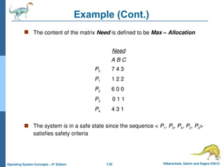 7.32 Silberschatz, Galvin and Gagne ©2013
Operating System Concepts – 9th
Edition
Example (Cont.)
 The content of the matrix Need is defined to be Max – Allocation
Need
A B C
P0 7 4 3
P1 1 2 2
P2 6 0 0
P3 0 1 1
P4 4 3 1
 The system is in a safe state since the sequence < P1, P3, P4, P2, P0>
satisfies safety criteria
 