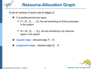 7.7 Silberschatz, Galvin and Gagne ©2013
Operating System Concepts – 9th
Edition
Resource-Allocation Graph
 V is partitioned into two types:
 P = {P1, P2, …, Pn}, the set consisting of all the processes
in the system
 R = {R1, R2, …, Rm}, the set consisting of all resource
types in the system
 request edge – directed edge Pi  Rj
 assignment edge – directed edge Rj  Pi
A set of vertices V and a set of edges E.
 