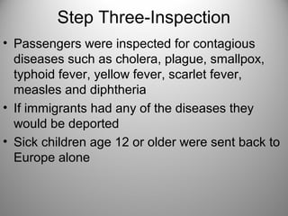 Step Three-Inspection
• Passengers were inspected for contagious
diseases such as cholera, plague, smallpox,
typhoid fever, yellow fever, scarlet fever,
measles and diphtheria
• If immigrants had any of the diseases they
would be deported
• Sick children age 12 or older were sent back to
Europe alone
 