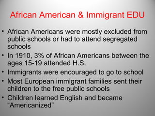 African American & Immigrant EDU
• African Americans were mostly excluded from
public schools or had to attend segregated
schools
• In 1910, 3% of African Americans between the
ages 15-19 attended H.S.
• Immigrants were encouraged to go to school
• Most European immigrant families sent their
children to the free public schools
• Children learned English and became
“Americanized”
 