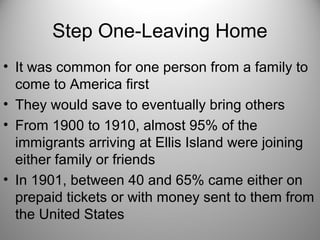 Step One-Leaving Home
• It was common for one person from a family to
come to America first
• They would save to eventually bring others
• From 1900 to 1910, almost 95% of the
immigrants arriving at Ellis Island were joining
either family or friends
• In 1901, between 40 and 65% came either on
prepaid tickets or with money sent to them from
the United States
 