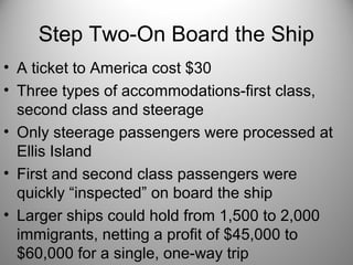 Step Two-On Board the Ship
• A ticket to America cost $30
• Three types of accommodations-first class,
second class and steerage
• Only steerage passengers were processed at
Ellis Island
• First and second class passengers were
quickly “inspected” on board the ship
• Larger ships could hold from 1,500 to 2,000
immigrants, netting a profit of $45,000 to
$60,000 for a single, one-way trip
 