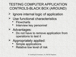 IT Auditing & Assurance, 2e, Hall & Singleton
TESTING COMPUTER APPLICATION
CONTROLS-BLACK BOX (AROUND)
 Ignore internal logic of application
 Use functional characteristics
 Flowcharts
 Interview key personnel
 Advantages:
 Do not have to remove application from
operations to test it
 Appropriately applied:
 Simple applications
 Relative low level of risk
 