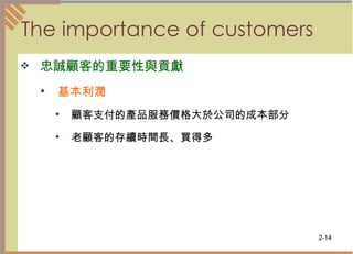 The importance of customers  忠誠顧客的重要性與貢獻   基本利潤 顧客支付的產品服務價格大於公司的成本部分 老顧客的存續時間長、買得多  
