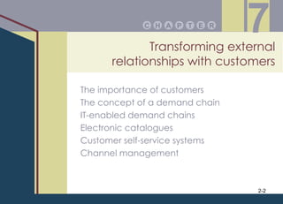 Transforming external relationships with customers P A E T R H C 7 The importance of customers The concept of a demand chain IT-enabled demand chains Electronic catalogues Customer self-service systems Channel management 