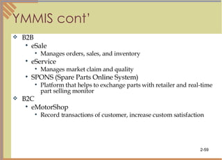 YMMIS cont’ B2B eSale Manages orders, sales, and inventory eService Manages market claim and quality SPONS (Spare Parts Online System) Platform that helps to exchange parts with retailer and real-time part selling monitor  B2C eMotorShop Record transactions of customer, increase custom satisfaction 