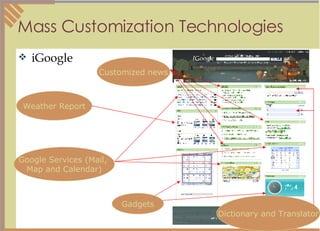 Mass Customization Technologies iGoogle Gadgets Dictionary and Translator Customized news Weather Report Google Services (Mail,  Map and Calendar) 