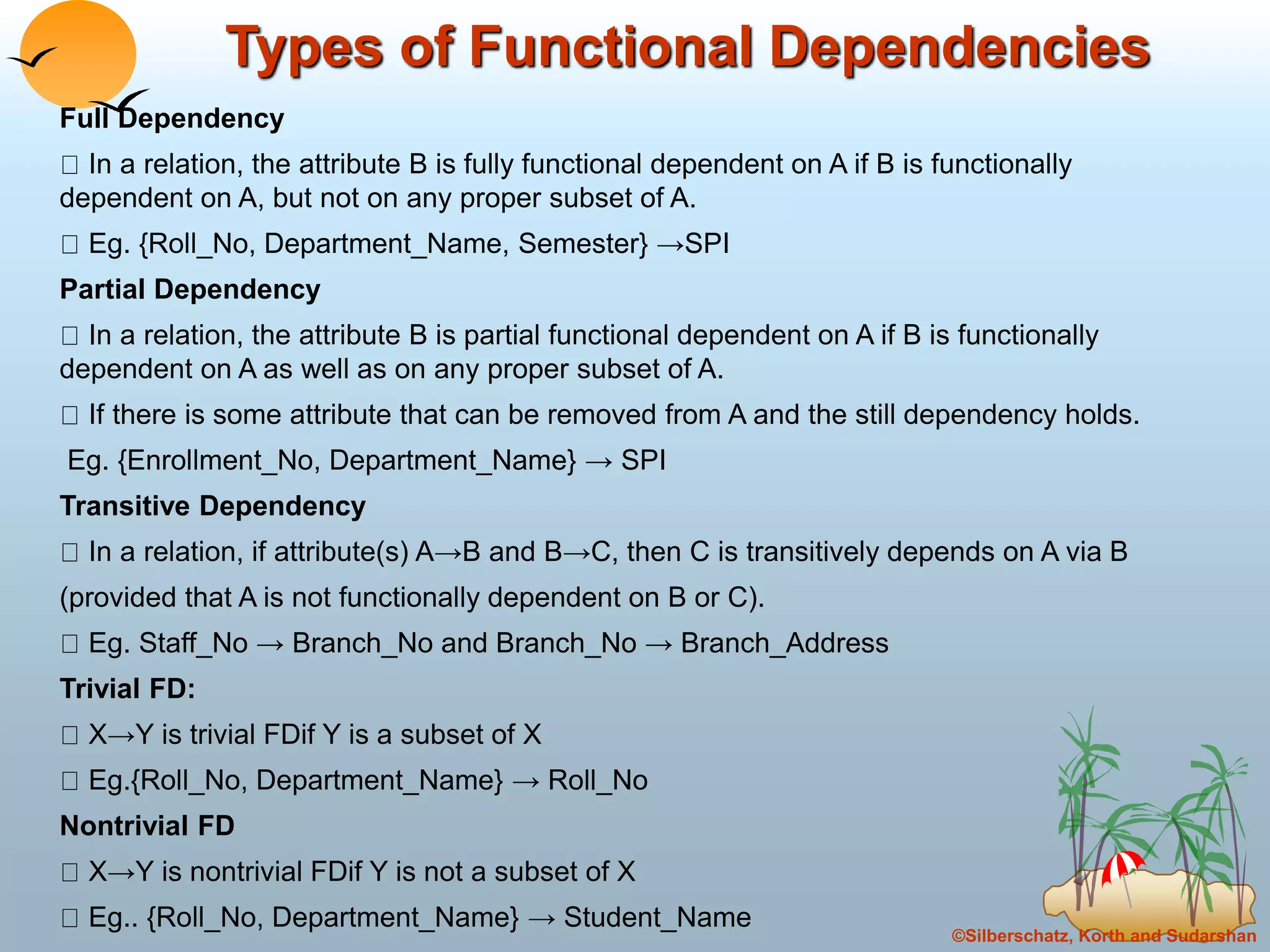 ©Silberschatz, Korth and Sudarshan
Types of Functional Dependencies
Full Dependency
In a relation, the attribute B is fully functional dependent on A if B is functionally
dependent on A, but not on any proper subset of A.
Eg. {Roll_No, Department_Name, Semester} →SPI
Partial Dependency
In a relation, the attribute B is partial functional dependent on A if B is functionally
dependent on A as well as on any proper subset of A.
If there is some attribute that can be removed from A and the still dependency holds.
Eg. {Enrollment_No, Department_Name} → SPI
Transitive Dependency
In a relation, if attribute(s) A→B and B→C, then C is transitively depends on A via B
(provided that A is not functionally dependent on B or C).
Eg. Staff_No → Branch_No and Branch_No → Branch_Address
Trivial FD:
X→Y is trivial FDif Y is a subset of X
Eg.{Roll_No, Department_Name} → Roll_No
Nontrivial FD
X→Y is nontrivial FDif Y is not a subset of X
Eg.. {Roll_No, Department_Name} → Student_Name
 
