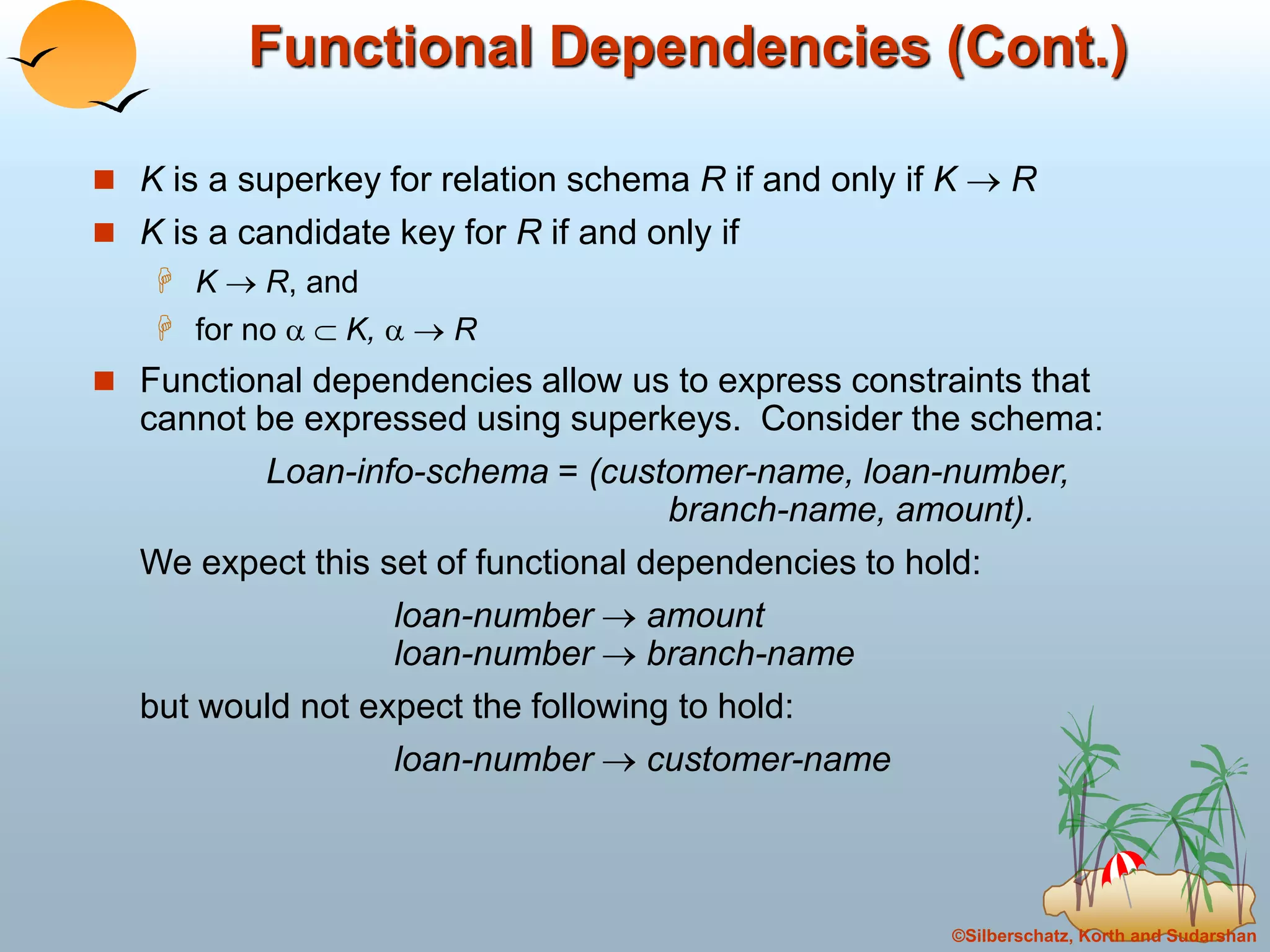 ©Silberschatz, Korth and Sudarshan
Functional Dependencies (Cont.)
 K is a superkey for relation schema R if and only if K  R
 K is a candidate key for R if and only if
 K  R, and
 for no   K,   R
 Functional dependencies allow us to express constraints that
cannot be expressed using superkeys. Consider the schema:
Loan-info-schema = (customer-name, loan-number,
branch-name, amount).
We expect this set of functional dependencies to hold:
loan-number  amount
loan-number  branch-name
but would not expect the following to hold:
loan-number  customer-name
 