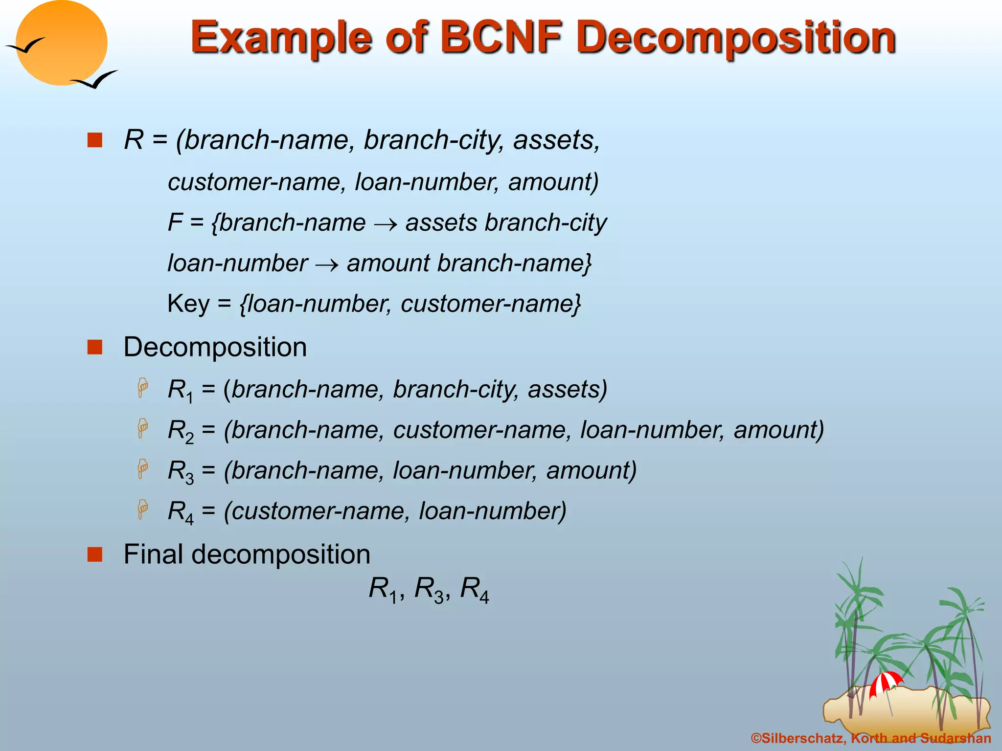 ©Silberschatz, Korth and Sudarshan
Example of BCNF Decomposition
 R = (branch-name, branch-city, assets,
customer-name, loan-number, amount)
F = {branch-name  assets branch-city
loan-number  amount branch-name}
Key = {loan-number, customer-name}
 Decomposition
 R1 = (branch-name, branch-city, assets)
 R2 = (branch-name, customer-name, loan-number, amount)
 R3 = (branch-name, loan-number, amount)
 R4 = (customer-name, loan-number)
 Final decomposition
R1, R3, R4
 