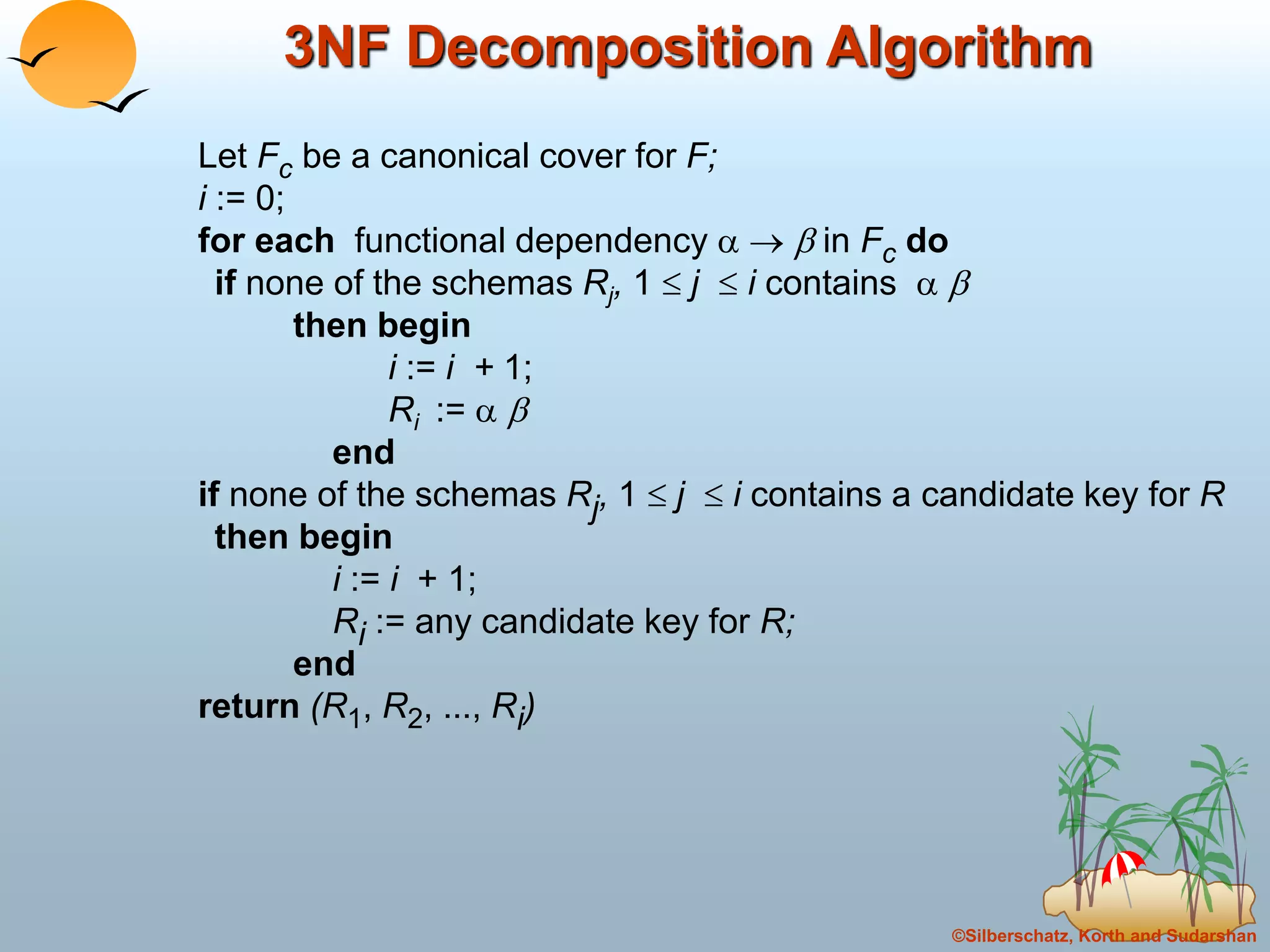 ©Silberschatz, Korth and Sudarshan
3NF Decomposition Algorithm
Let Fc be a canonical cover for F;
i := 0;
for each functional dependency    in Fc do
if none of the schemas Rj, 1  j  i contains  
then begin
i := i + 1;
Ri :=  
end
if none of the schemas Rj, 1  j  i contains a candidate key for R
then begin
i := i + 1;
Ri := any candidate key for R;
end
return (R1, R2, ..., Ri)
 
