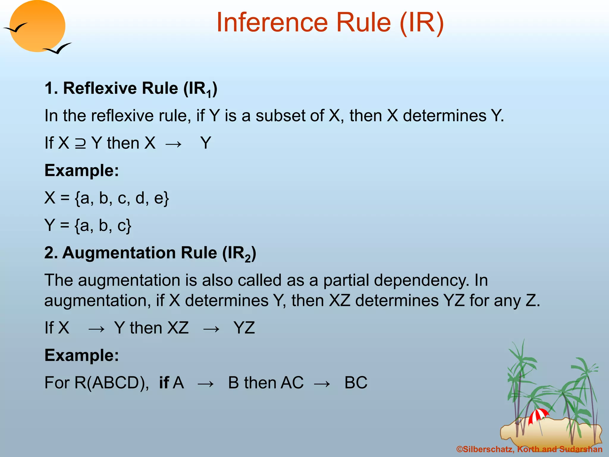 ©Silberschatz, Korth and Sudarshan
Inference Rule (IR)
1. Reflexive Rule (IR1)
In the reflexive rule, if Y is a subset of X, then X determines Y.
If X ⊇ Y then X → Y
Example:
X = {a, b, c, d, e}
Y = {a, b, c}
2. Augmentation Rule (IR2)
The augmentation is also called as a partial dependency. In
augmentation, if X determines Y, then XZ determines YZ for any Z.
If X → Y then XZ → YZ
Example:
For R(ABCD), if A → B then AC → BC
 