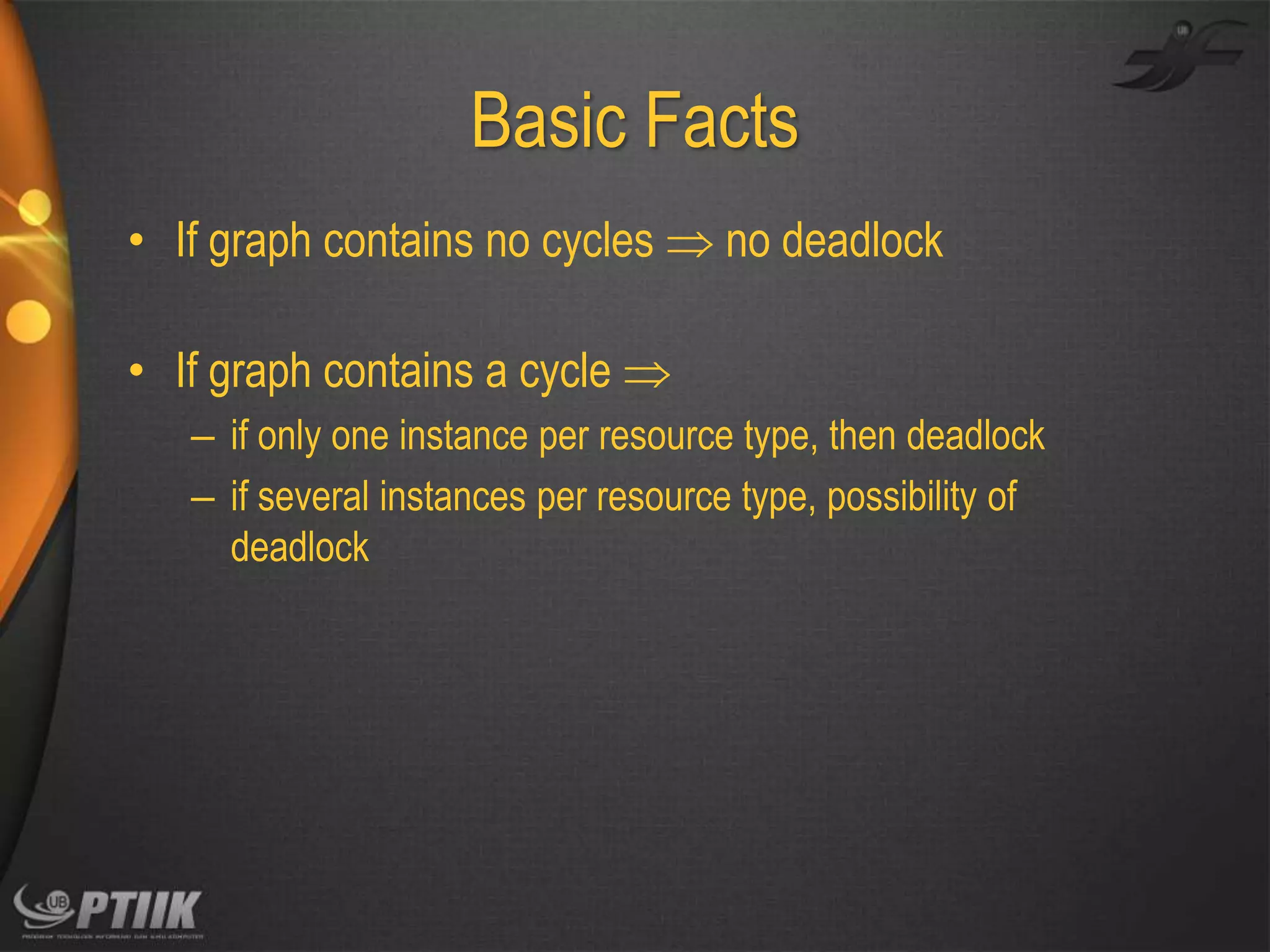 Basic Facts
• If graph contains no cycles  no deadlock
• If graph contains a cycle 
– if only one instance per resource type, then deadlock
– if several instances per resource type, possibility of
deadlock

 