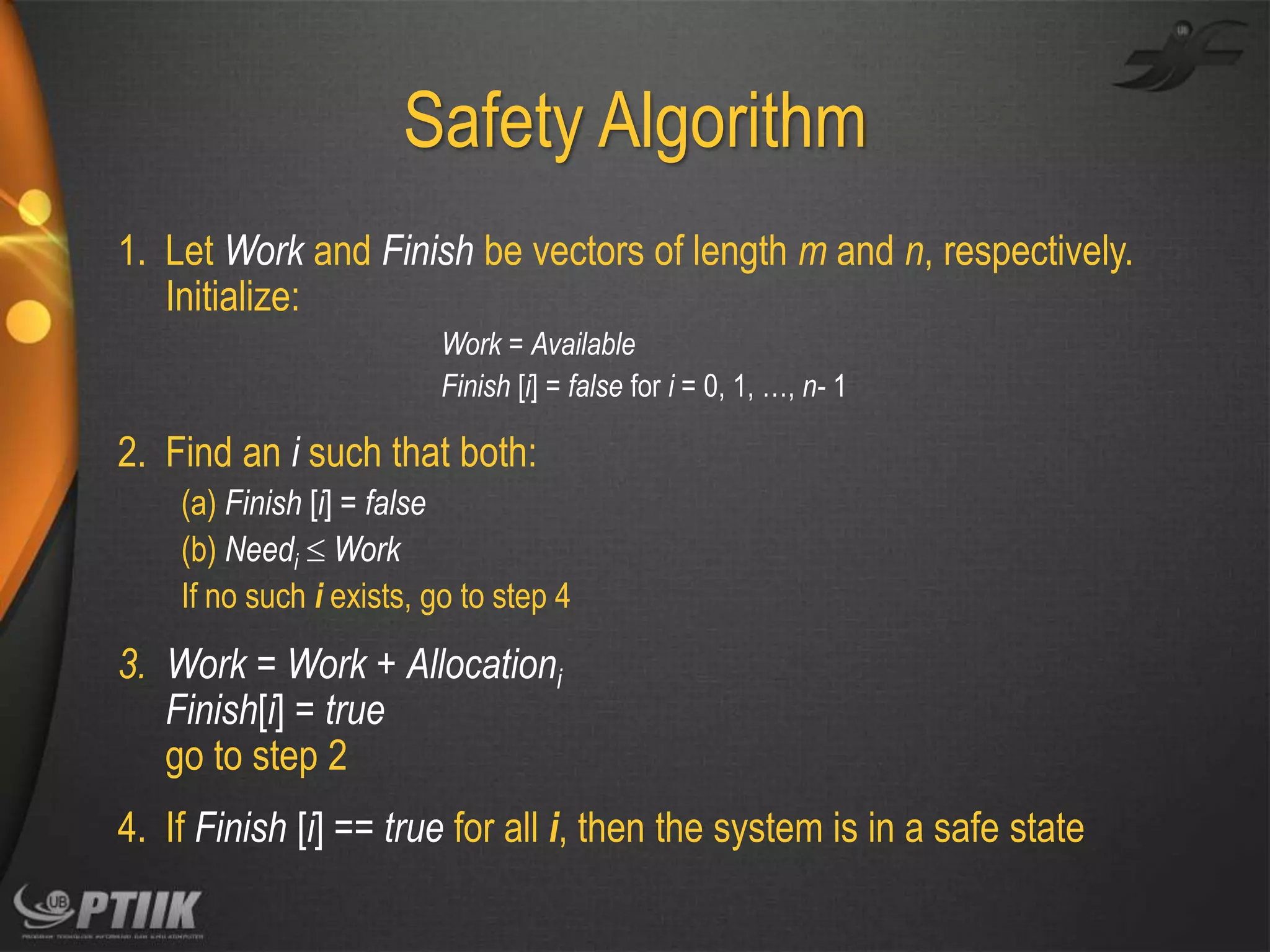 Safety Algorithm
1. Let Work and Finish be vectors of length m and n, respectively.
Initialize:
Work = Available
Finish [i] = false for i = 0, 1, …, n- 1

2. Find an i such that both:
(a) Finish [i] = false
(b) Needi  Work
If no such i exists, go to step 4

3. Work = Work + Allocationi
Finish[i] = true
go to step 2
4. If Finish [i] == true for all i, then the system is in a safe state

 