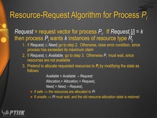 Resource-Request Algorithm for Process Pi
Request = request vector for process Pi. If Requesti [j] = k
then process Pi wants k instances of resource type Rj
1. If Requesti  Needi go to step 2. Otherwise, raise error condition, since
process has exceeded its maximum claim
2. If Requesti  Available, go to step 3. Otherwise Pi must wait, since
resources are not available
3. Pretend to allocate requested resources to Pi by modifying the state as
follows:
Available = Available – Request;
Allocationi = Allocationi + Requesti;
Needi = Needi – Requesti;
 If safe  the resources are allocated to Pi
 If unsafe  Pi must wait, and the old resource-allocation state is restored

 