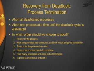 Recovery from Deadlock:
Process Termination
• Abort all deadlocked processes
• Abort one process at a time until the deadlock cycle is
eliminated
• In which order should we choose to abort?
1.
2.
3.
4.
5.
6.

Priority of the process
How long process has computed, and how much longer to completion
Resources the process has used
Resources process needs to complete
How many processes will need to be terminated
Is process interactive or batch?

 