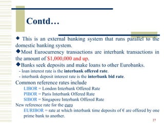 27
Contd…
 This is an external banking system that runs parallel to the
domestic banking system.
Most Eurocurrency transactions are interbank transactions in
the amount of $1,000,000 and up.
Banks seek deposits and make loans to other Eurobanks.
- loan interest rate is the interbank offered rate.
- interbank deposit interest rate is the interbank bid rate.
Common reference rates include
LIBOR = London Interbank Offered Rate
PIBOR = Paris Interbank Offered Rate
SIBOR = Singapore Interbank Offered Rate
New reference rate for the euro
EURIBOR = rate at which interbank time deposits of € are offered by one
prime bank to another.
 