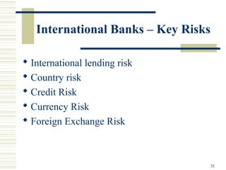 International Banks – Key Risks
 International lending risk
 Country risk
 Credit Risk
 Currency Risk
 Foreign Exchange Risk
31
 