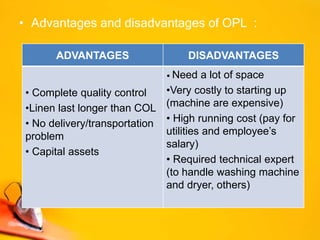 • Advantages and disadvantages of OPL :
ADVANTAGES DISADVANTAGES
• Complete quality control
•Linen last longer than COL
• No delivery/transportation
problem
• Capital assets
• Need a lot of space
•Very costly to starting up
(machine are expensive)
• High running cost (pay for
utilities and employee’s
salary)
• Required technical expert
(to handle washing machine
and dryer, others)
 