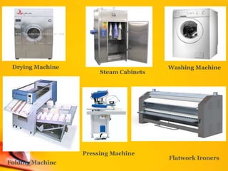 Drying Machine
Pressing Machine
Folding Machine
Steam Cabinets
Washing Machine
Flatwork Ironers
 