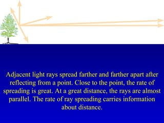 Adjacent light rays spread farther and farther apart after
reflecting from a point. Close to the point, the rate of
spreading is great. At a great distance, the rays are almost
parallel. The rate of ray spreading carries information
about distance.
 