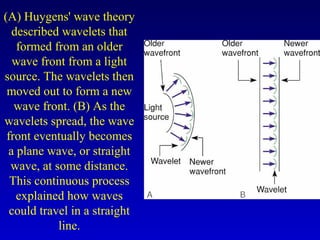(A) Huygens' wave theory
described wavelets that
formed from an older
wave front from a light
source. The wavelets then
moved out to form a new
wave front. (B) As the
wavelets spread, the wave
front eventually becomes
a plane wave, or straight
wave, at some distance.
This continuous process
explained how waves
could travel in a straight
line.
 