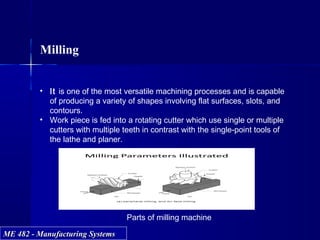 ME 482 - Manufacturing SystemsME 482 - Manufacturing Systems
Milling
• It is one of the most versatile machining processes and is capable
of producing a variety of shapes involving flat surfaces, slots, and
contours.
• Work piece is fed into a rotating cutter which use single or multiple
cutters with multiple teeth in contrast with the single-point tools of
the lathe and planer.
Parts of milling machine
 