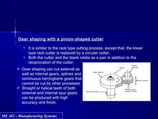 ME 482 - Manufacturing SystemsME 482 - Manufacturing Systems
Gear shaping with a pinion-shaped cutter
• It is similar to the rack type cutting process, except that, the linear
type rack cutter is replaced by a circular cutter.
• Both the cutter and the blank rotate as a pair in addition to the
reciprocation of the cutter.
 Gear shaping can cut external as
well as internal gears, splines and
continuous herringbone gears that
cannot be cut by other processes.
 Straight or helical teeth of both
external and internal spur gears
can be produced with high
accuracy and finish.
 
